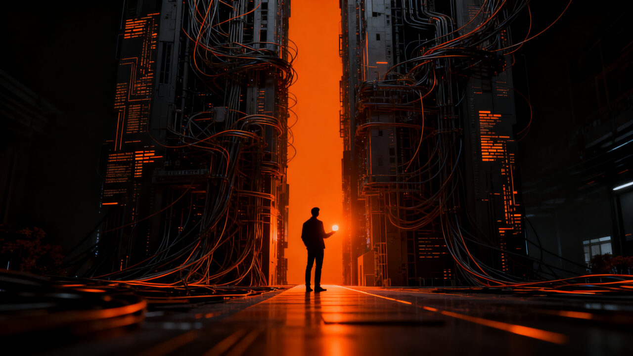 Emprendedor analizando procesos de negocio frente a una interfaz de IA, decidiendo entre automatización y criterio humano en una startup.