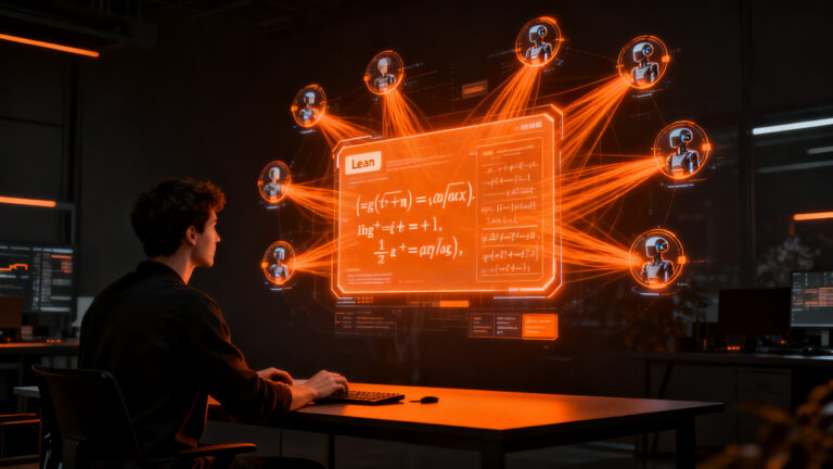 Programador utilizando agentes de IA para resolver la conjetura de Conway en Lean, representando la intersección entre código y matemáticas avanzadas.