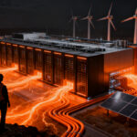 Data center sostenible impulsado por energía limpia en Massachusetts, representando la regulación de infraestructura de IA.