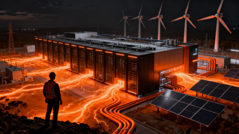 Data center sostenible impulsado por energía limpia en Massachusetts, representando la regulación de infraestructura de IA.