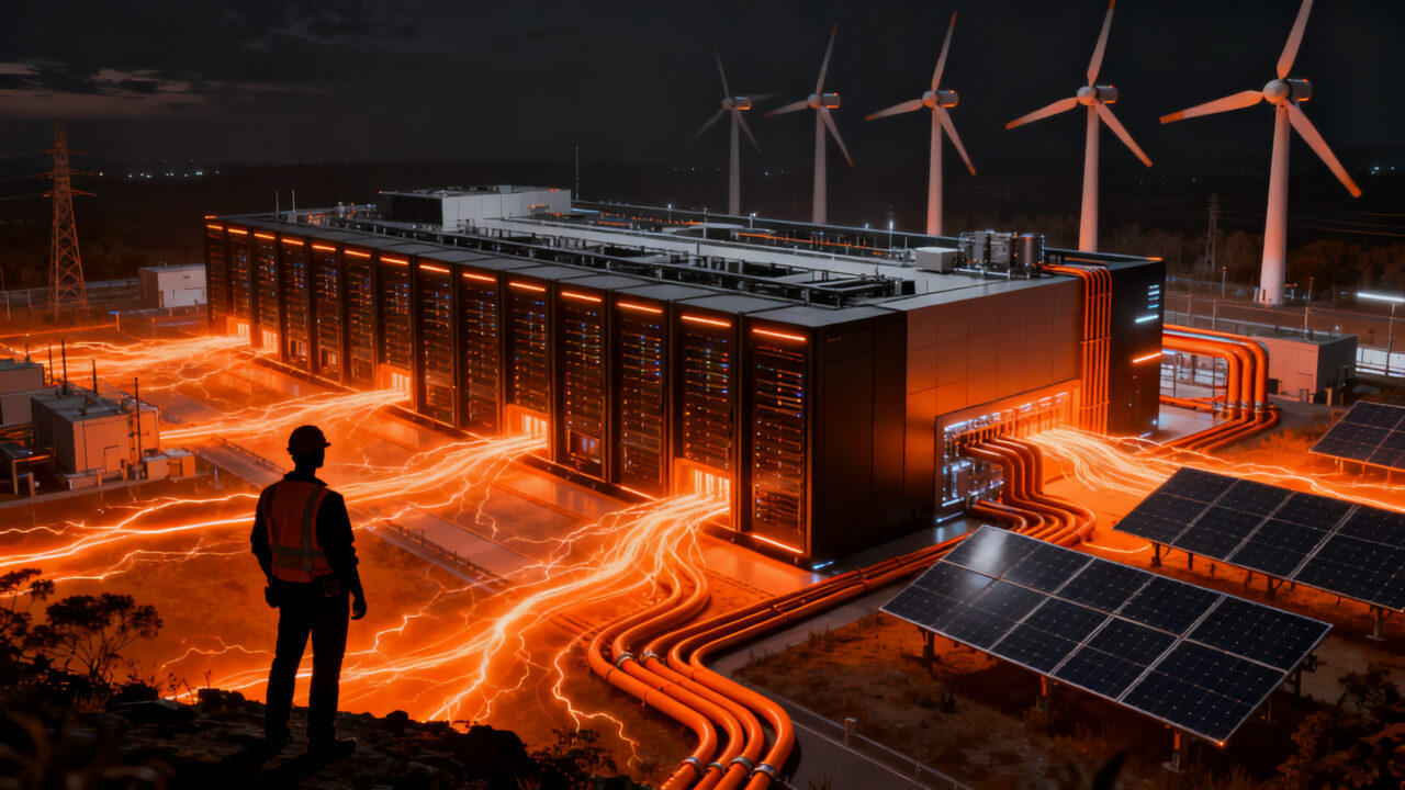 Data center sostenible impulsado por energía limpia en Massachusetts, representando la regulación de infraestructura de IA.