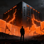 Ciudadano frente a un masivo data center de IA, representando el debate político y la regulación tecnológica en las elecciones 2026.