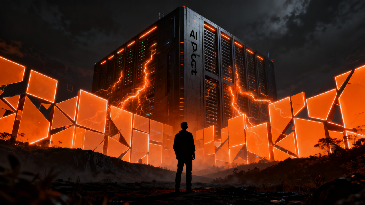 Ciudadano frente a un masivo data center de IA, representando el debate político y la regulación tecnológica en las elecciones 2026.