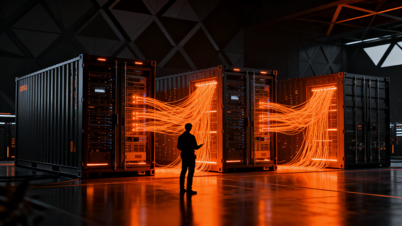 Datacenter itinerante de F1 en contenedores representando infraestructura edge y escalabilidad tecnológica para startups.