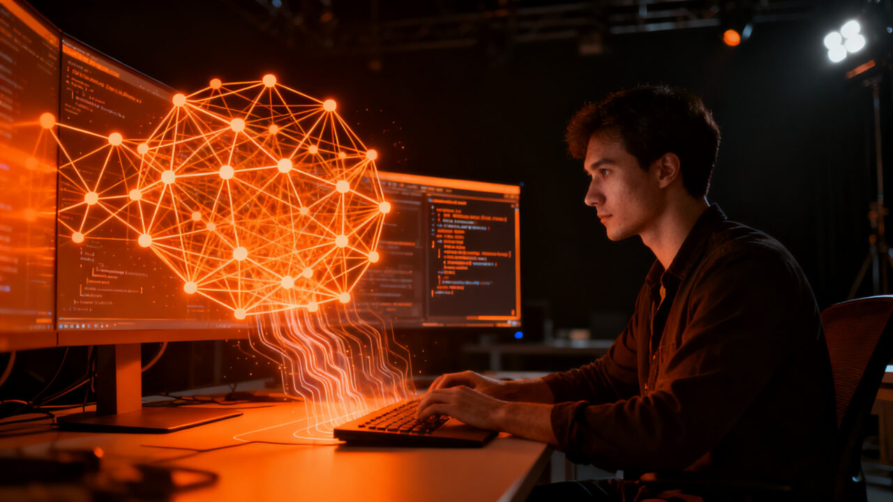 Desarrollador trabajando con datos sintéticos y agentes de IA para mejorar la precisión en el desarrollo de software.