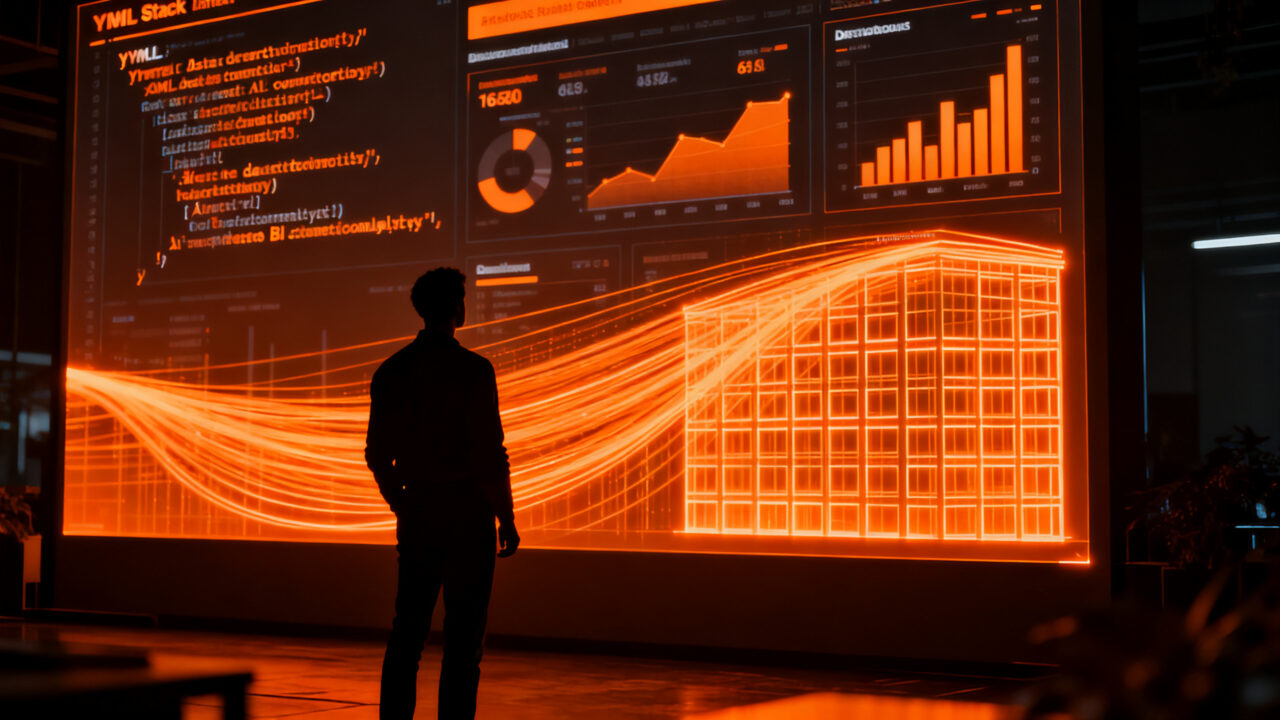 Ingeniero analizando dashboards generados por IA mediante código YAML en un entorno de data analytics, destacando la innovación de dbt Charts.