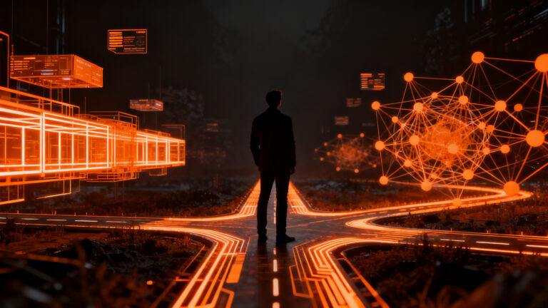 Estratega de startups de IA analizando el dilema entre modelos abiertos y cerrados en un entorno tecnológico futurista.