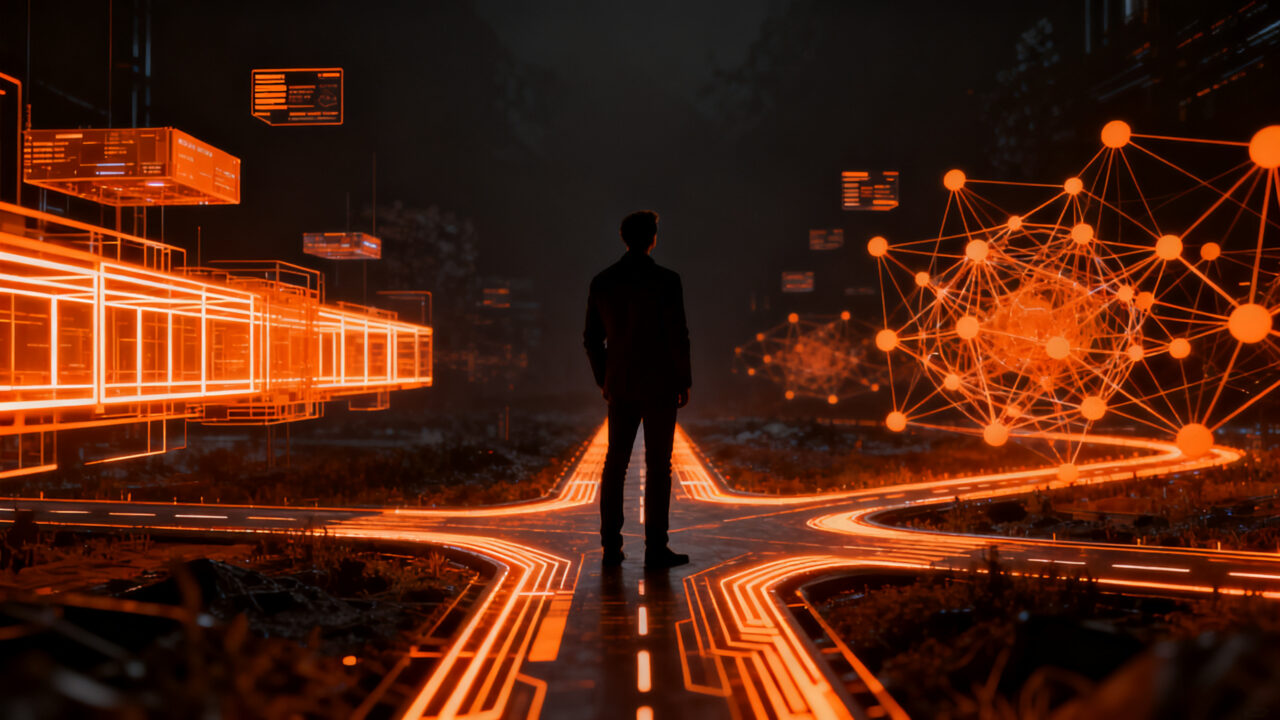 Estratega de startups de IA analizando el dilema entre modelos abiertos y cerrados en un entorno tecnológico futurista.