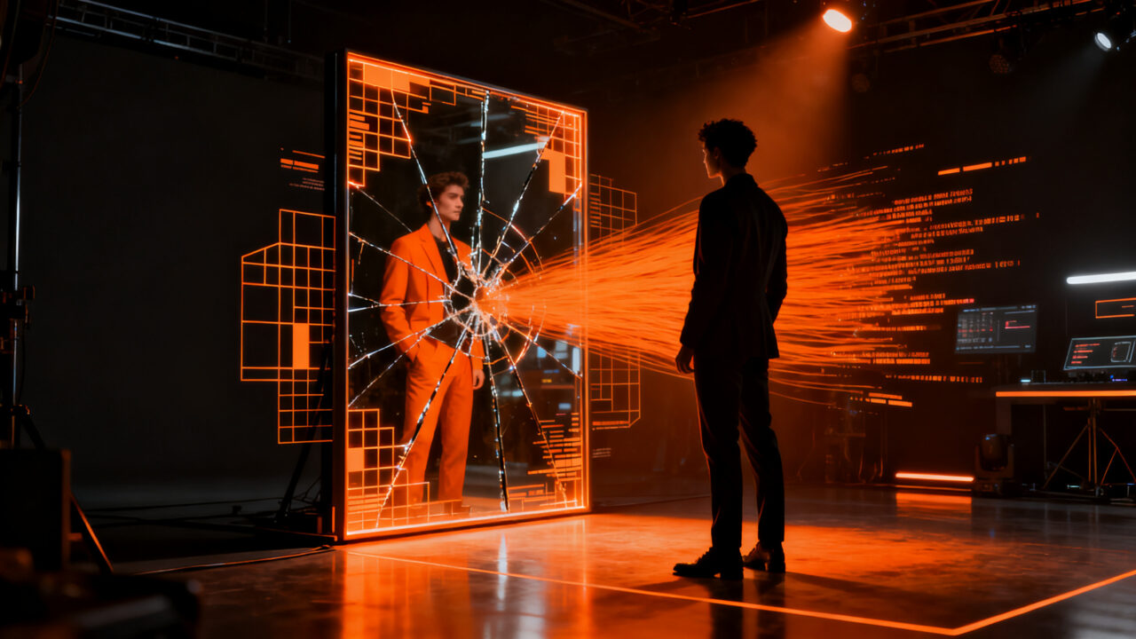Representación conceptual de un influencer afectado por deepfakes e inteligencia artificial en el marketing digital.