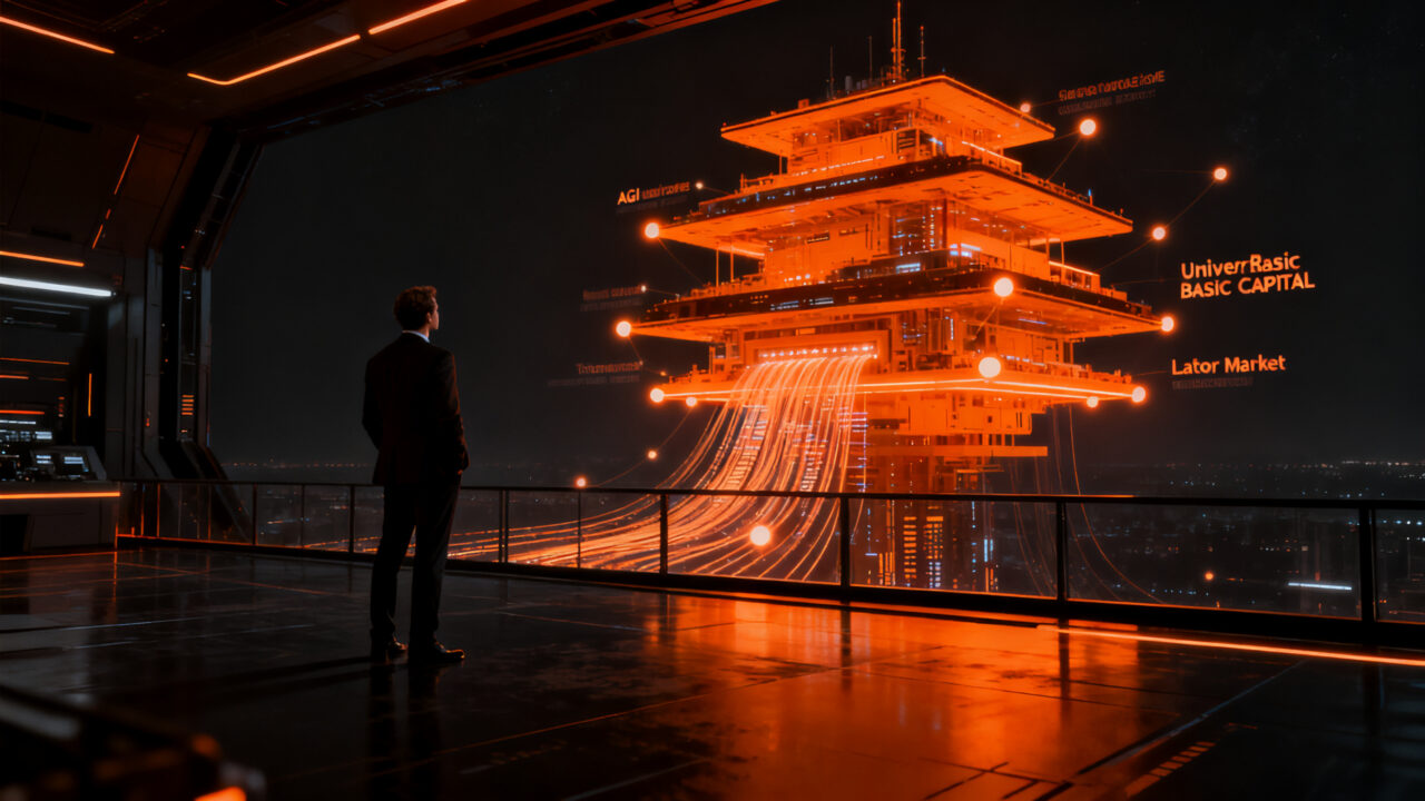 Líder de startup observando una arquitectura de red neuronal compleja, representando la transición hacia la economía con AGI y políticas de automatización.