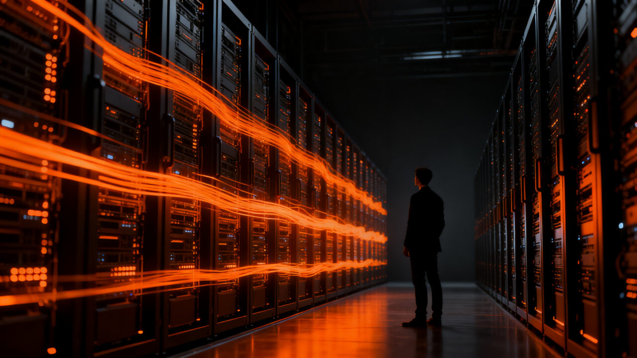 Ejecutivo de tecnología analizando infraestructura de servidores IA para escalar startups y negocios.