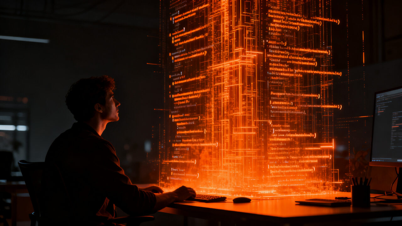 Developer frente a una pantalla de código con IA, ilustrando la dependencia tecnológica y el deterioro cognitivo en el desarrollo de software.