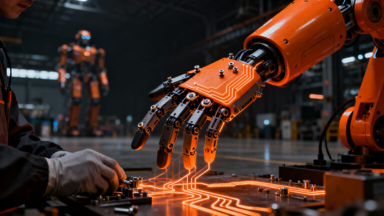 Robot humanoide de Tesla Optimus en una línea de ensamblaje, representando los desafíos de la robótica y la inteligencia artificial en startups.