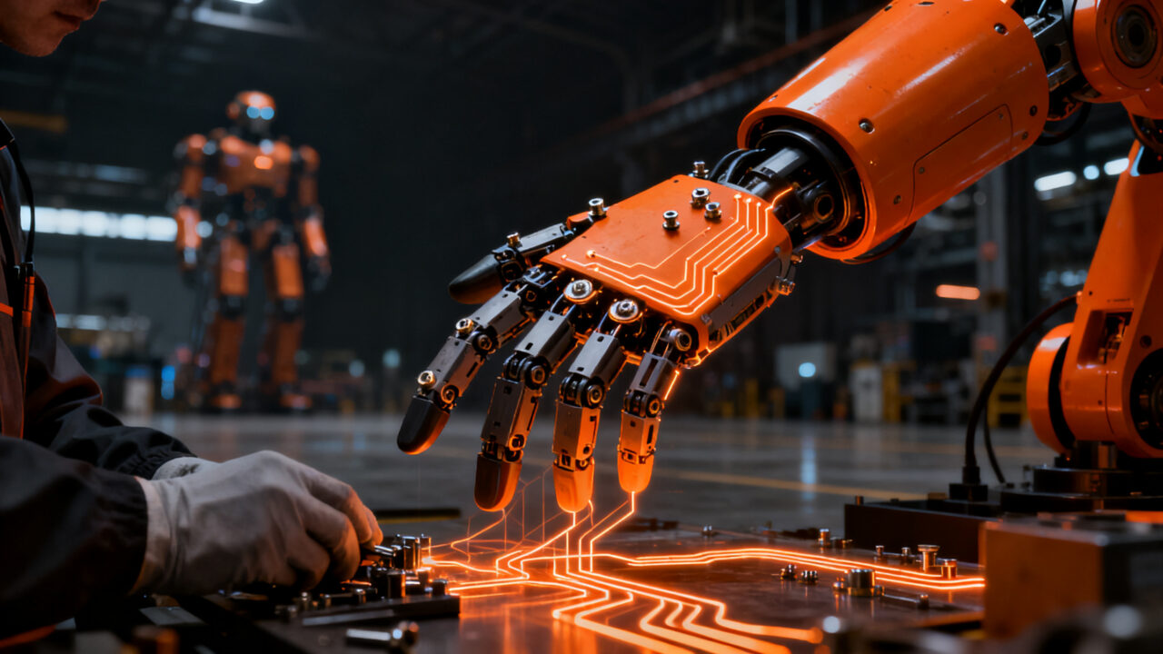 Robot humanoide de Tesla Optimus en una línea de ensamblaje, representando los desafíos de la robótica y la inteligencia artificial en startups.