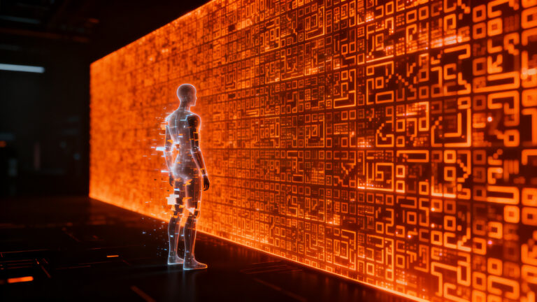 Representación visual de un agente de IA atrapado en un complejo laberinto de seguridad CAPTCHA, simbolizando los retos de seguridad y alineación en la inteligencia artificial.