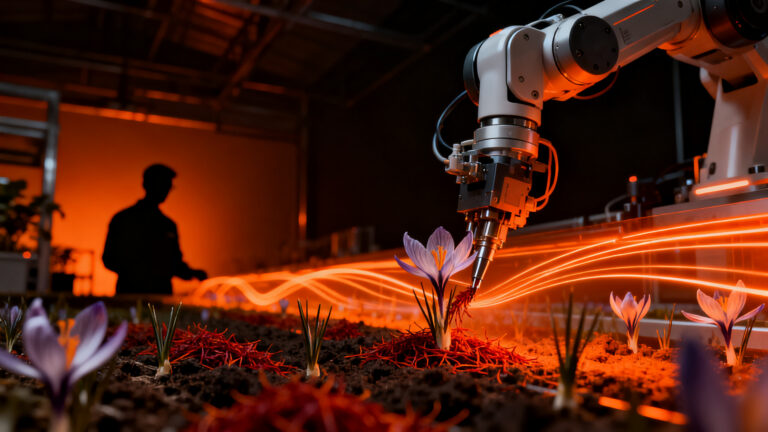 Robot industrial automatizando la monda del azafrán DOP en Castilla-La Mancha, innovación agrotech.