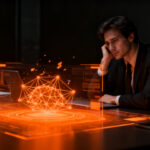 Empleado desilusionado ante una pantalla con IA, representando el desencanto laboral y el impacto de la tecnología en el trabajo.
