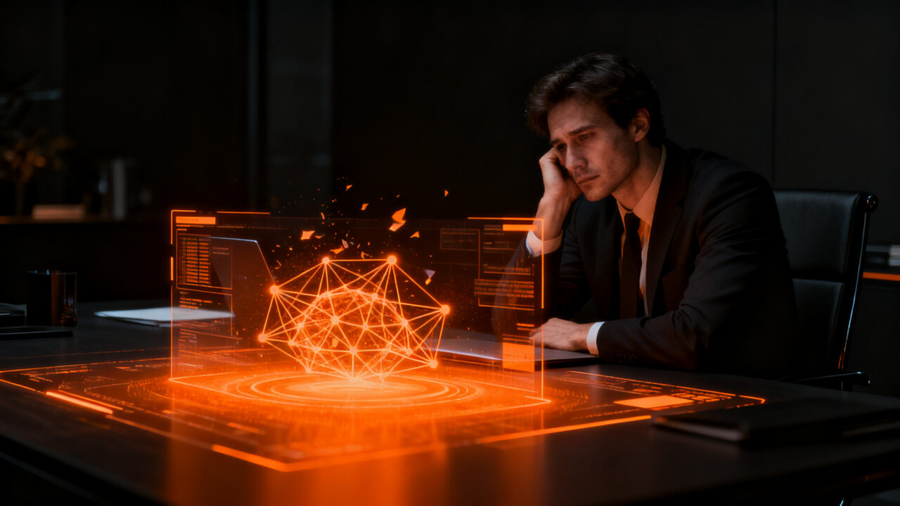 Empleado desilusionado ante una pantalla con IA, representando el desencanto laboral y el impacto de la tecnología en el trabajo.