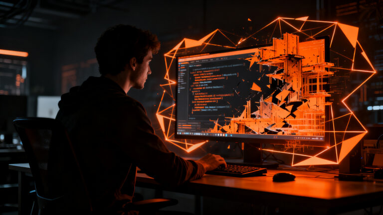 Developer analizando código fuente en un entorno oscuro, representando la crisis de productividad causada por la dependencia excesiva de la IA en el desarrollo de software.