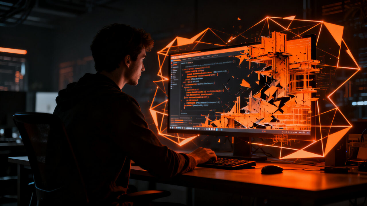 Developer analizando código fuente en un entorno oscuro, representando la crisis de productividad causada por la dependencia excesiva de la IA en el desarrollo de software.