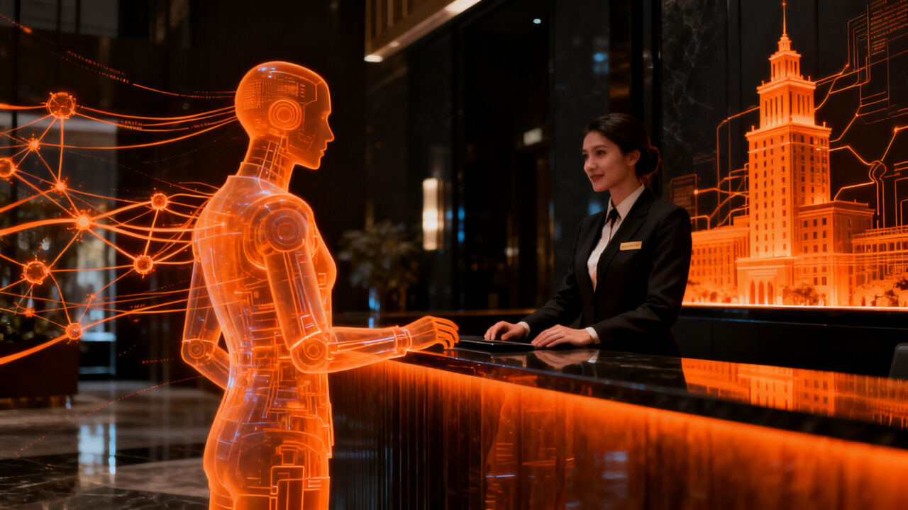 Agente de inteligencia artificial automatizando la atención al cliente en una recepción de hotel tecnológica, representando la inversión en Dextr AI.