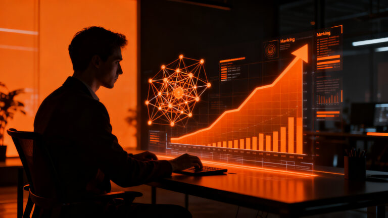 Estudiante emprendedor interactuando con una interfaz de marketing digital e inteligencia artificial en una formación universitaria de la UCSE.
