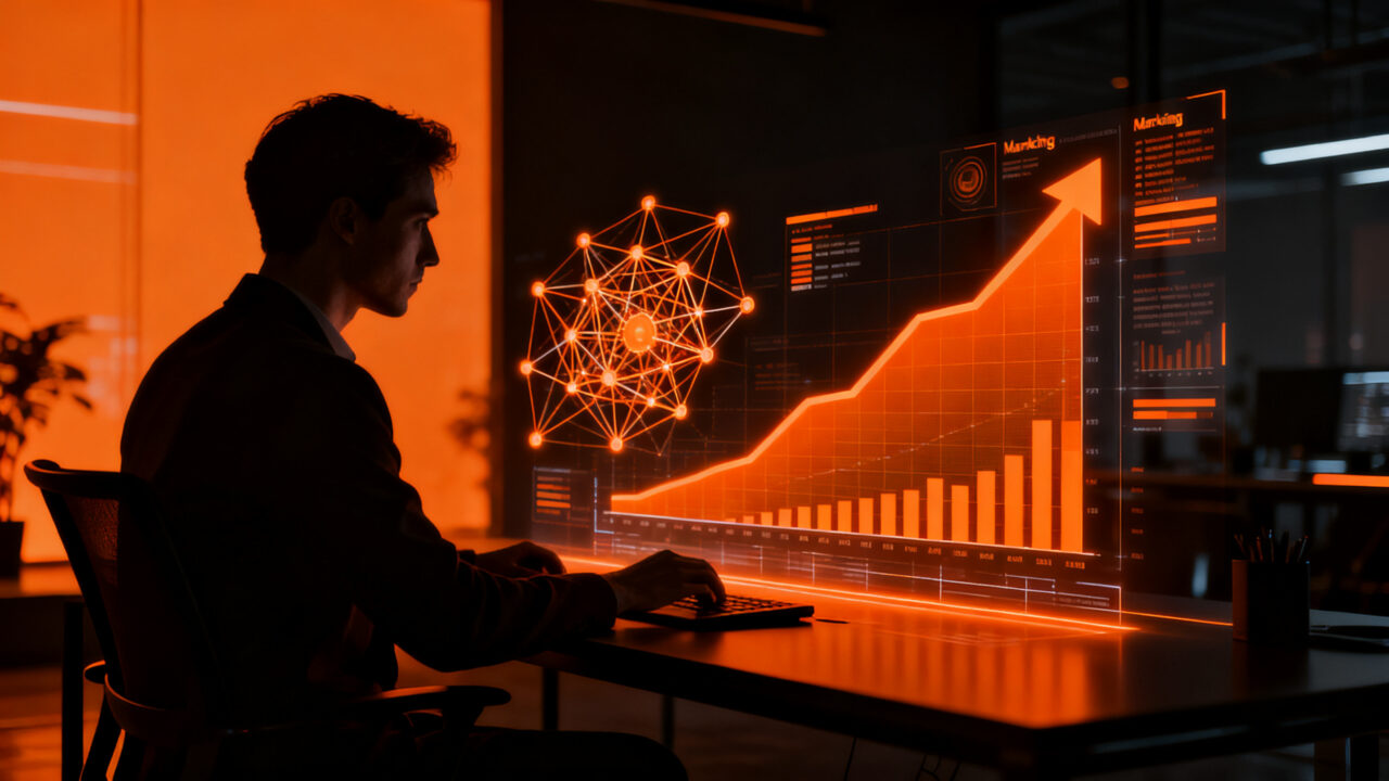 Estudiante emprendedor interactuando con una interfaz de marketing digital e inteligencia artificial en una formación universitaria de la UCSE.