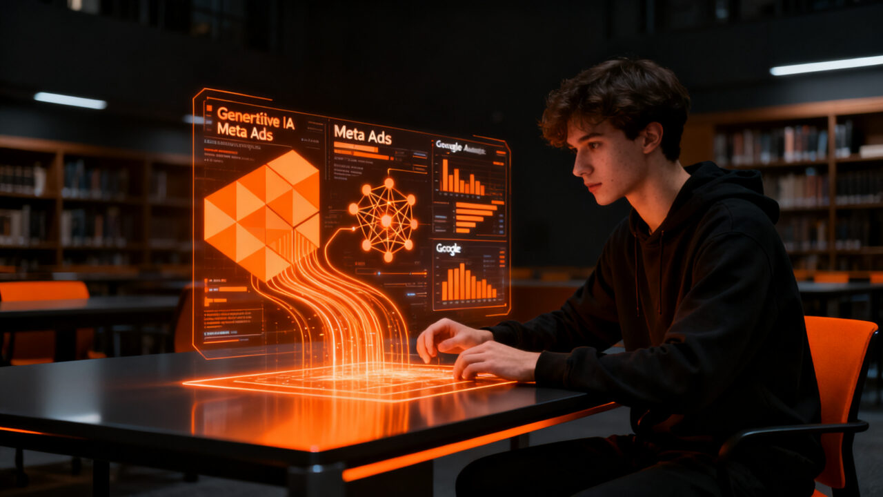 Estudiante analizando datos y estrategias de marketing digital con inteligencia artificial en una formación universitaria avanzada.