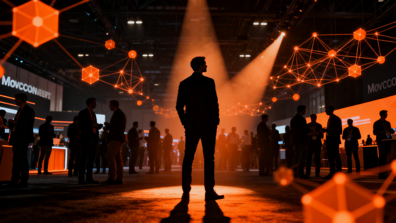 Networking de emprendedores en TechCrunch Disrupt 2026, representando la conexión estratégica y el éxito en eventos startup.