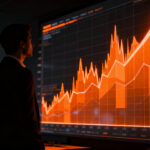 Analista financiero observando gráficos de tendencia del dólar en Colombia y la depreciación del peso colombiano en un mercado cambiario volátil.