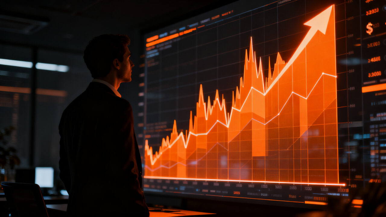 Analista financiero observando gráficos de tendencia del dólar en Colombia y la depreciación del peso colombiano en un mercado cambiario volátil.