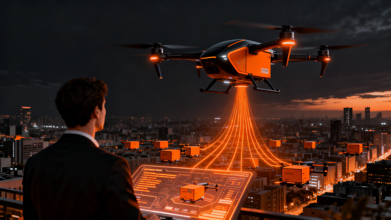 Drone de entrega de DoorDash sobrevolando una ciudad, representando la automatización en la logística de última milla.
