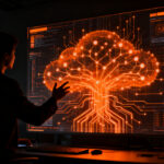 Agente de IA Dots de OpenAI interactuando con una red de aplicaciones, representando la automatización persistente en la nube.