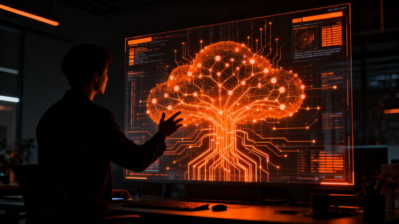 Agente de IA Dots de OpenAI interactuando con una red de aplicaciones, representando la automatización persistente en la nube.