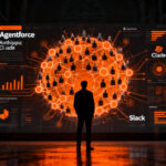 Profesional interactuando con una red neuronal de agentes inteligentes en Dreamforce 2026, representando la automatización empresarial con IA.