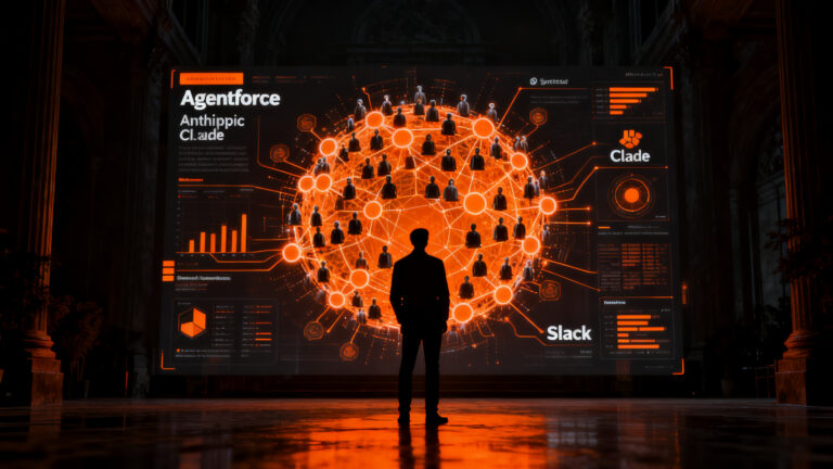 Profesional interactuando con una red neuronal de agentes inteligentes en Dreamforce 2026, representando la automatización empresarial con IA.