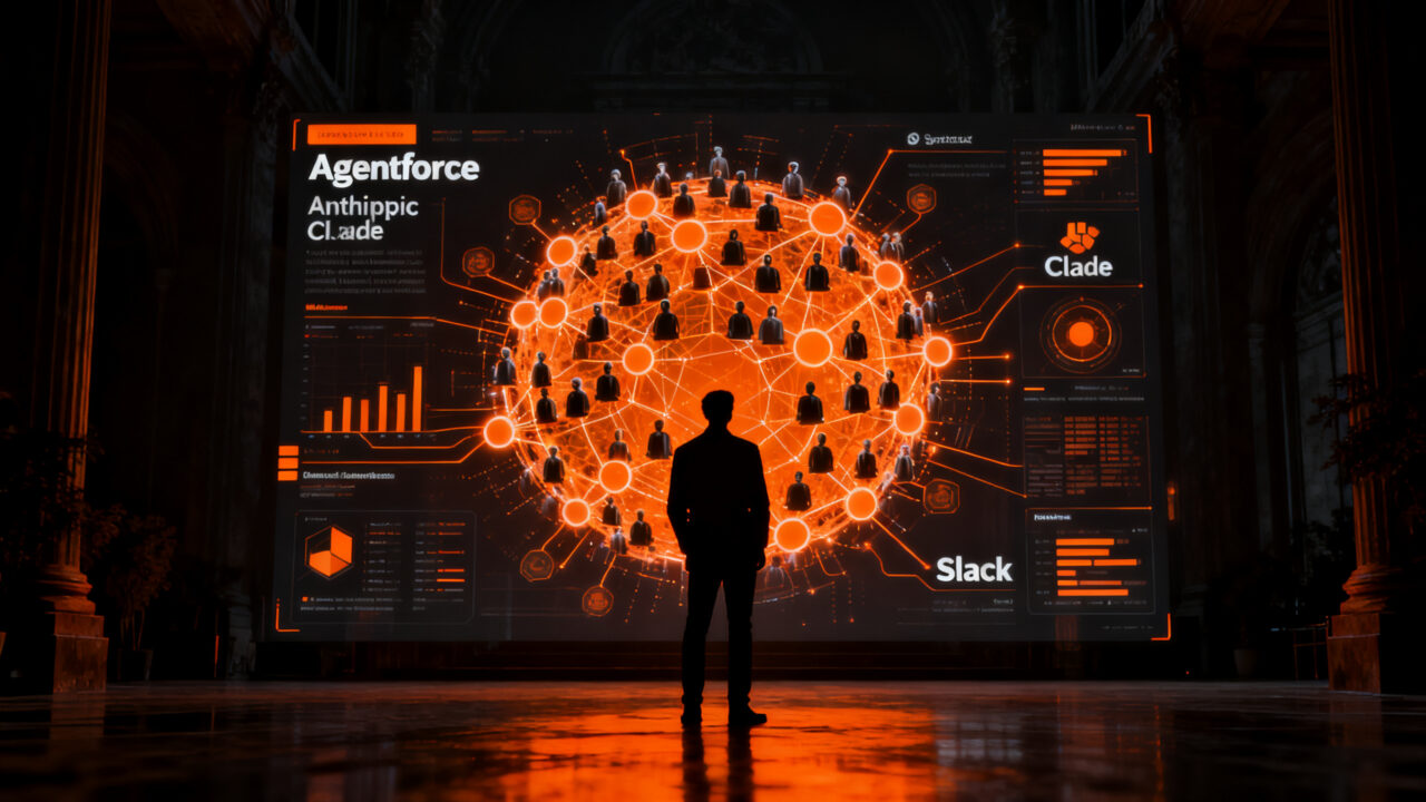 Profesional interactuando con una red neuronal de agentes inteligentes en Dreamforce 2026, representando la automatización empresarial con IA.