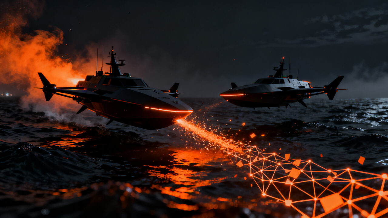 Duelo histórico entre drones navales USV en el mar Negro, representando la evolución de la defensa tecnológica y la guerra moderna.