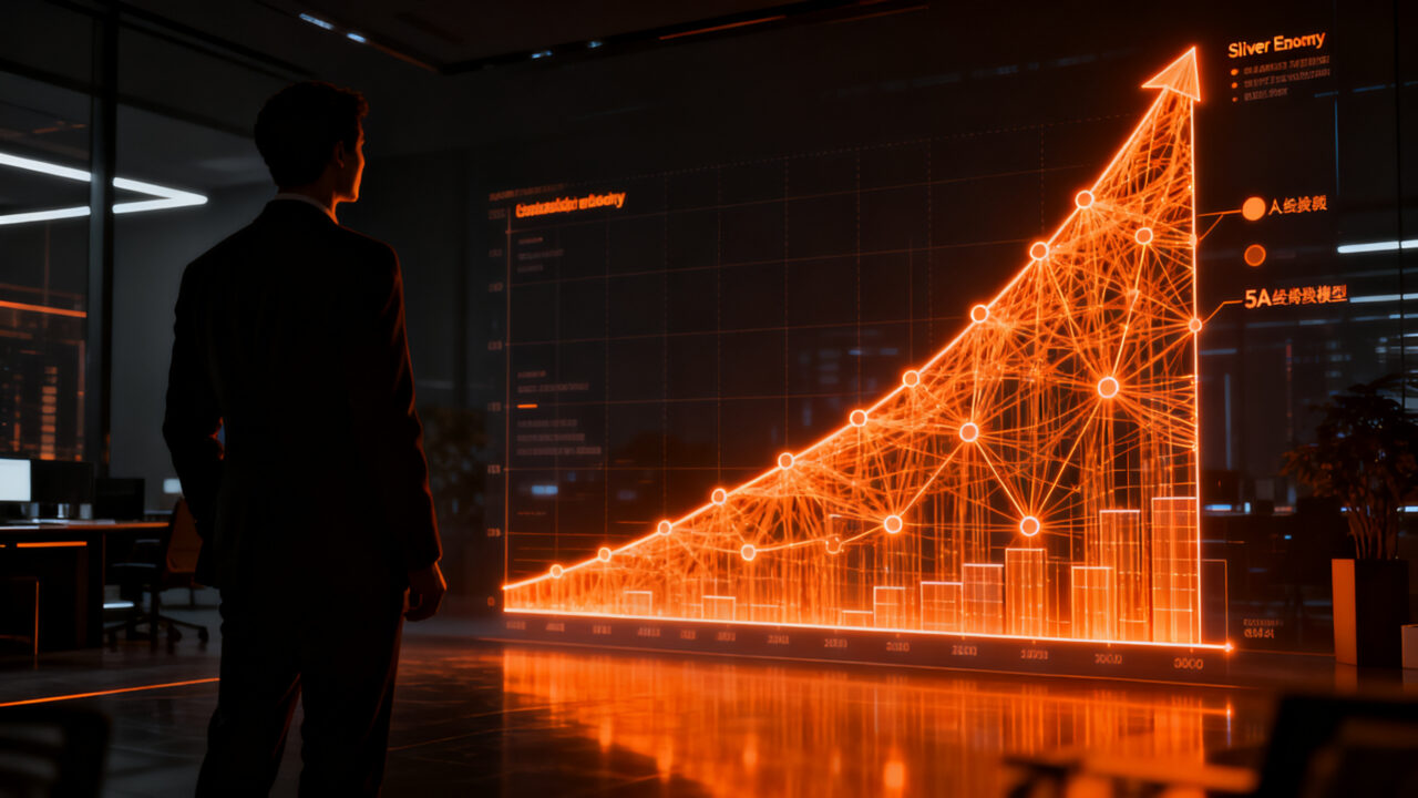 Representación visual de la economía plateada con un profesional analizando datos de mercado senior, destacando la oportunidad de negocio para startups.
