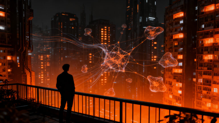 Silueta de una persona en un entorno urbano solitario y futurista, representando la economía de la soledad en China y el auge del consumo individual.