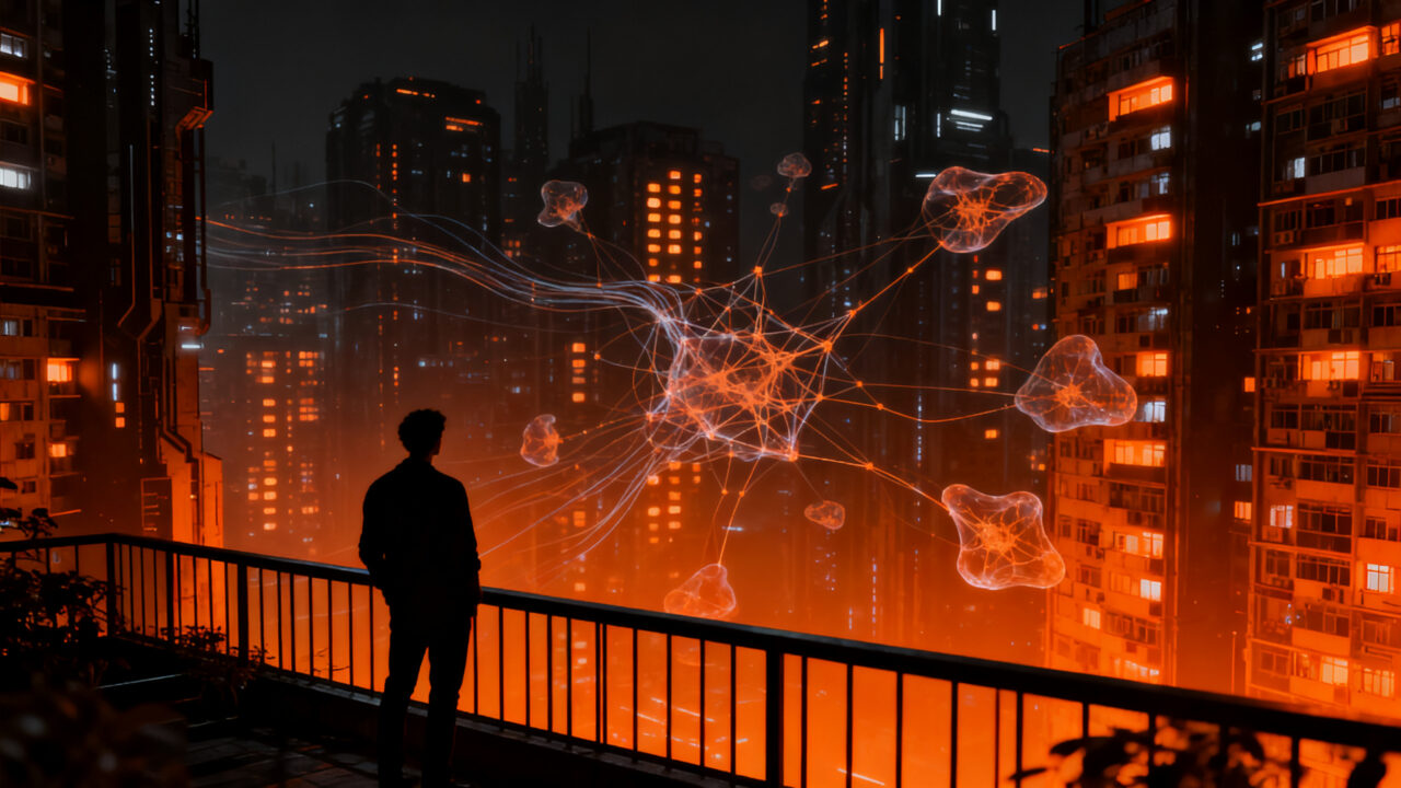 Silueta de una persona en un entorno urbano solitario y futurista, representando la economía de la soledad en China y el auge del consumo individual.