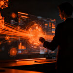 Profesional analizando estrategias de marketing digital e inteligencia artificial en un entorno tecnológico avanzado.