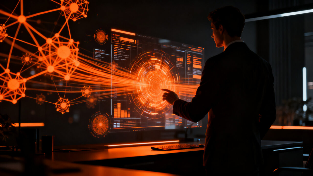 Profesional analizando estrategias de marketing digital e inteligencia artificial en un entorno tecnológico avanzado.