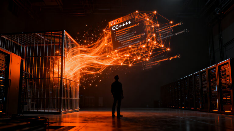 Líder tecnológico frente a una interfaz de código C++ abierta, representando la transición de EDG al modelo open source.