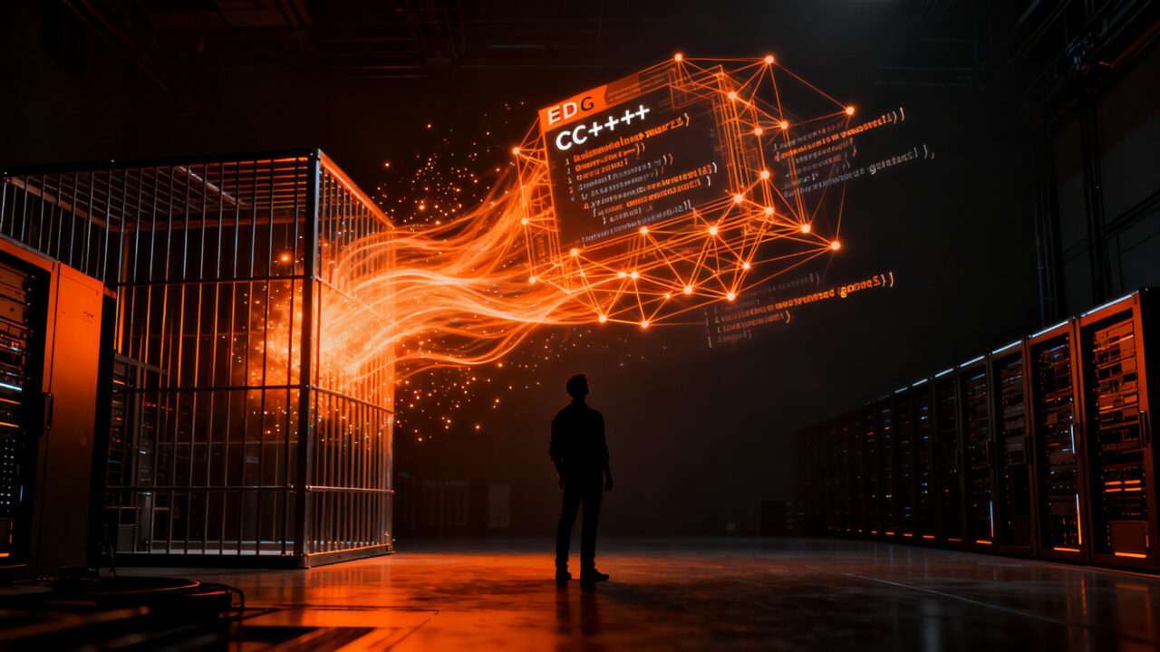 Líder tecnológico frente a una interfaz de código C++ abierta, representando la transición de EDG al modelo open source.
