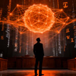 Un abogado o emprendedor analizando documentos legales sobre una red neuronal, representando los desafíos del copyright y la inteligencia artificial.