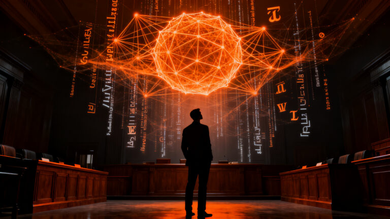 Un abogado o emprendedor analizando documentos legales sobre una red neuronal, representando los desafíos del copyright y la inteligencia artificial.
