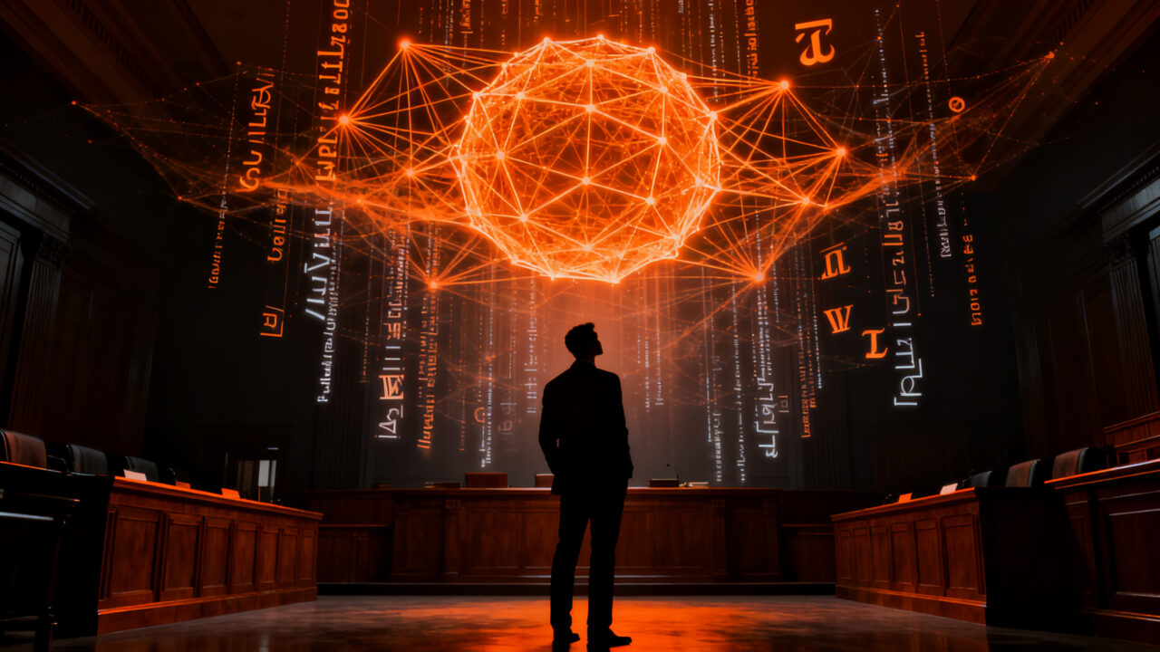Un abogado o emprendedor analizando documentos legales sobre una red neuronal, representando los desafíos del copyright y la inteligencia artificial.