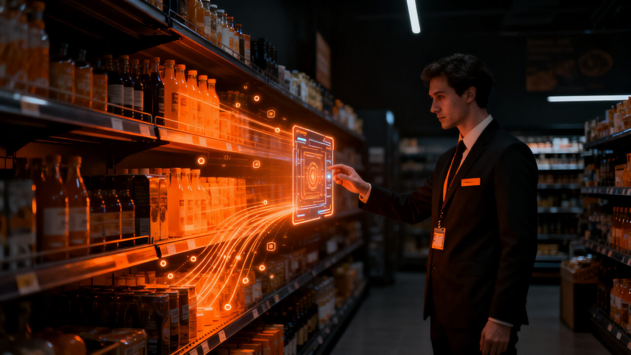 Especialista retail optimizando estantes de tienda con tecnología de Inteligencia Artificial generativa, representando la evolución de Effie.ai.