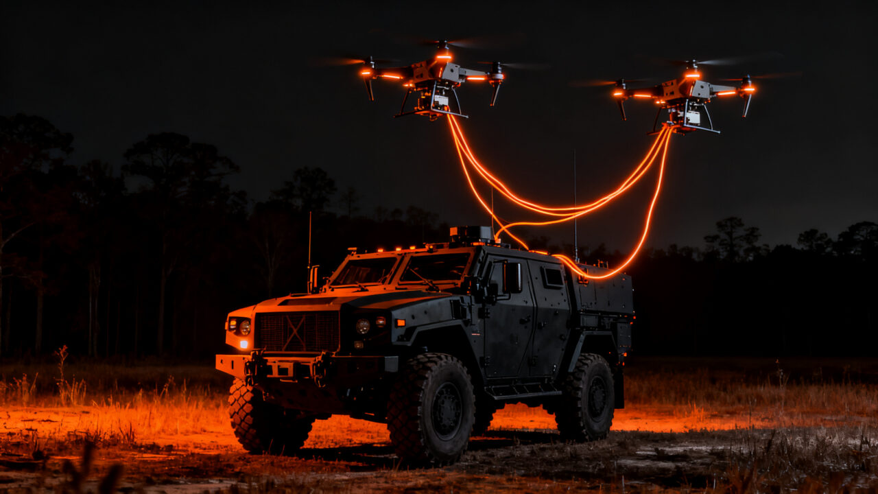 Drones con cable Te-UAS sobre vehículo ISV-U del Ejército de EEUU, simbolizando vigilancia persistente y resiliencia tecnológica.